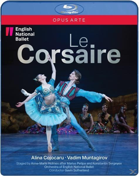 Ballettplakat: Tänzer auf der Bühne, Titel 'Le Corsaire'.