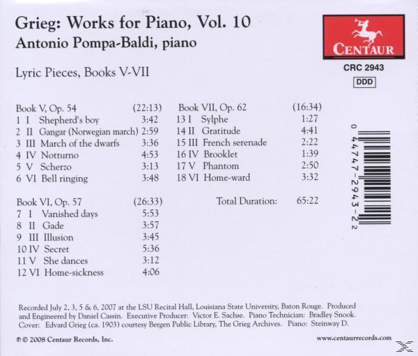 CD-Rückseite mit Titelliste und Informationen für 'Grieg: Werke für Klavier, Bd. 10'.