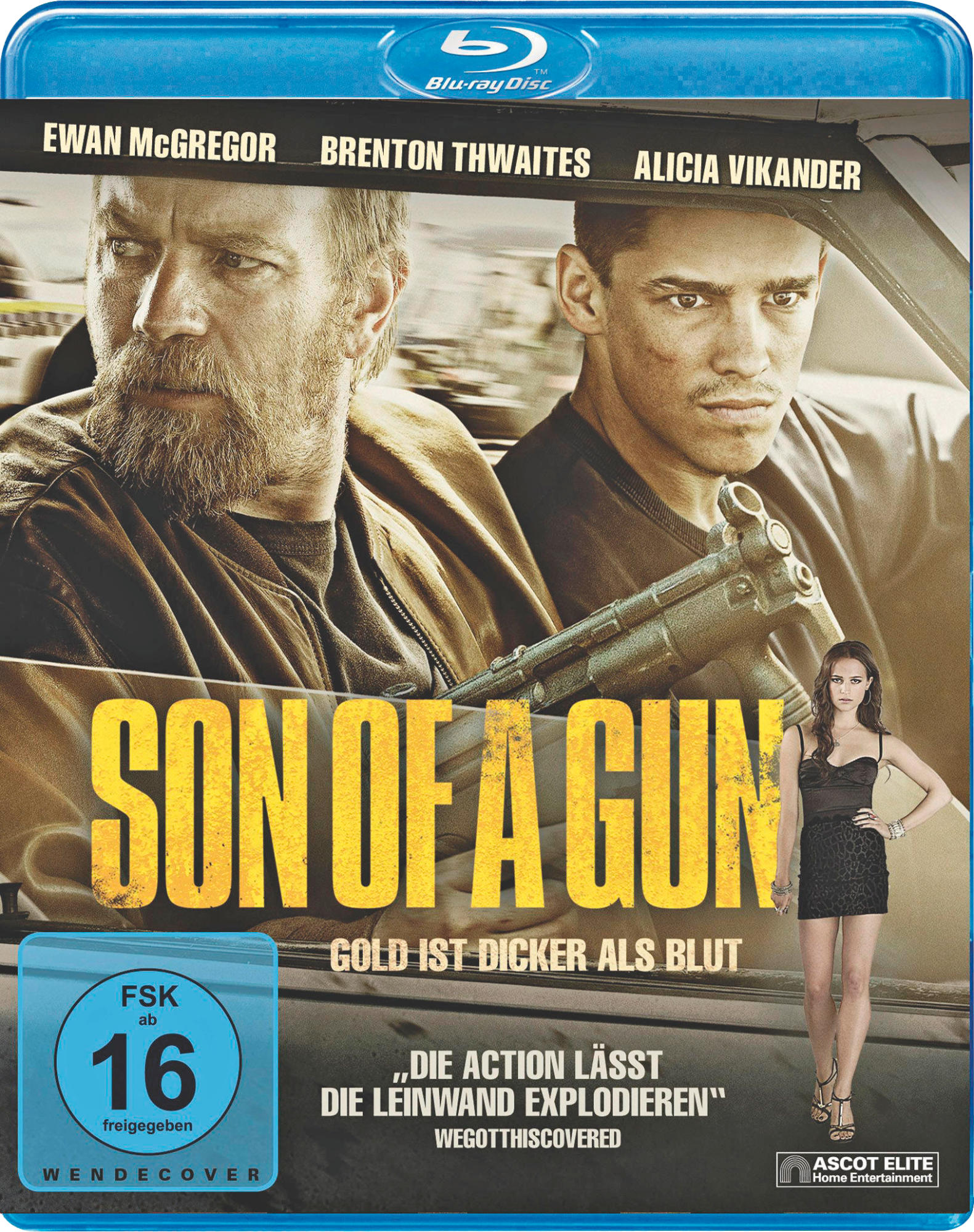 Filmcover. Zwei Männer in einem Auto, Titel: Son of a Gun. Blaue Disc-Hülle.