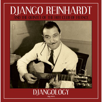 Album borítója, Django Reinhardt gitárral, fekete-fehér fotó és szöveg.