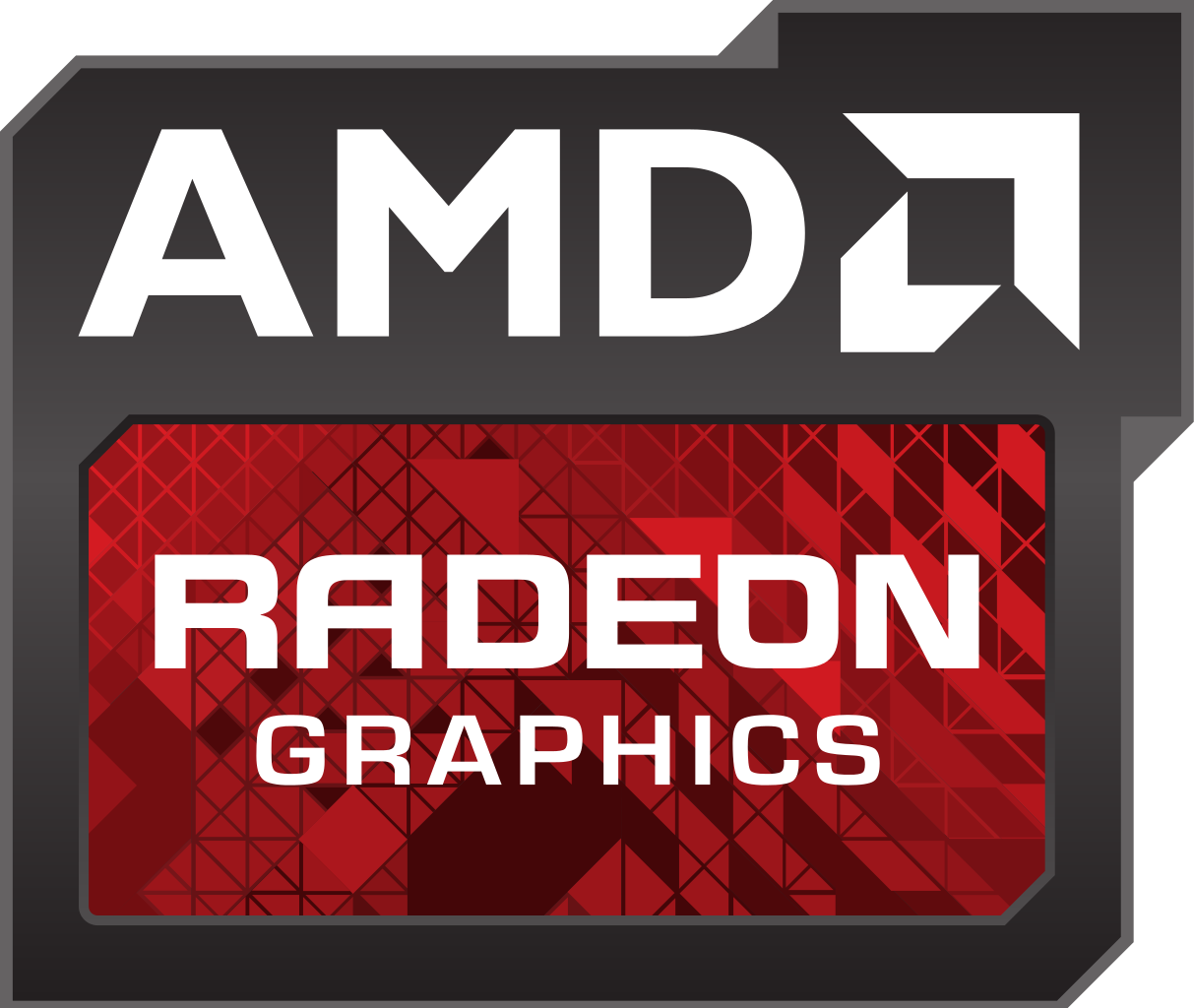 AMD Radeon Graphics logo. Het AMD-logo is wit op een rode rechthoek. Rood patroon op de achtergrond.