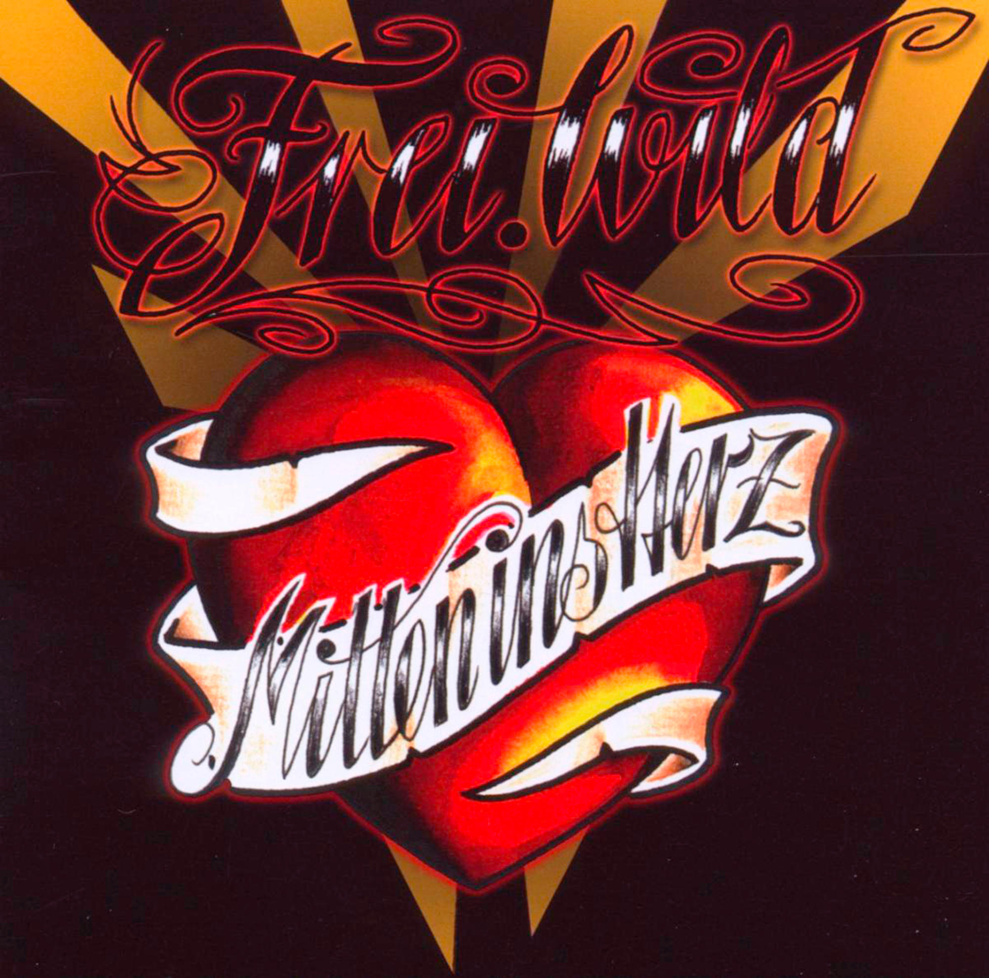 CD-Cover mit Herz mit Schleife. Der Name der Band ist Frei. Wild. Schwarz-gelber Hintergrund.