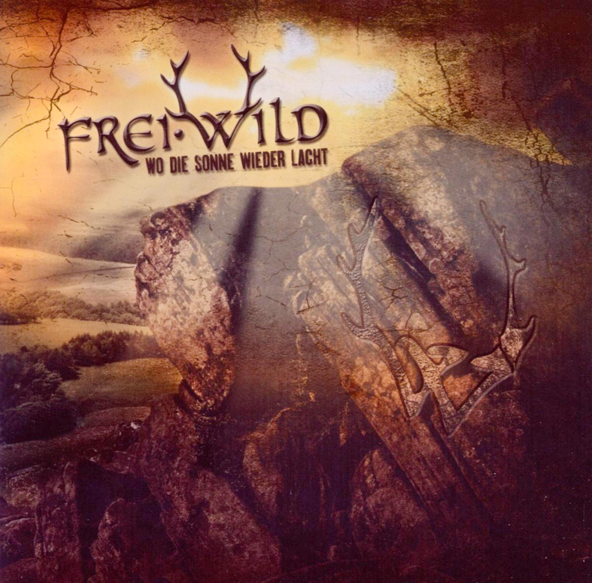 Albumcover mit Felsformation, Geweih und Text 'FREI.WILD' und 'WO DIE SONNE WIEDER LACHT'.