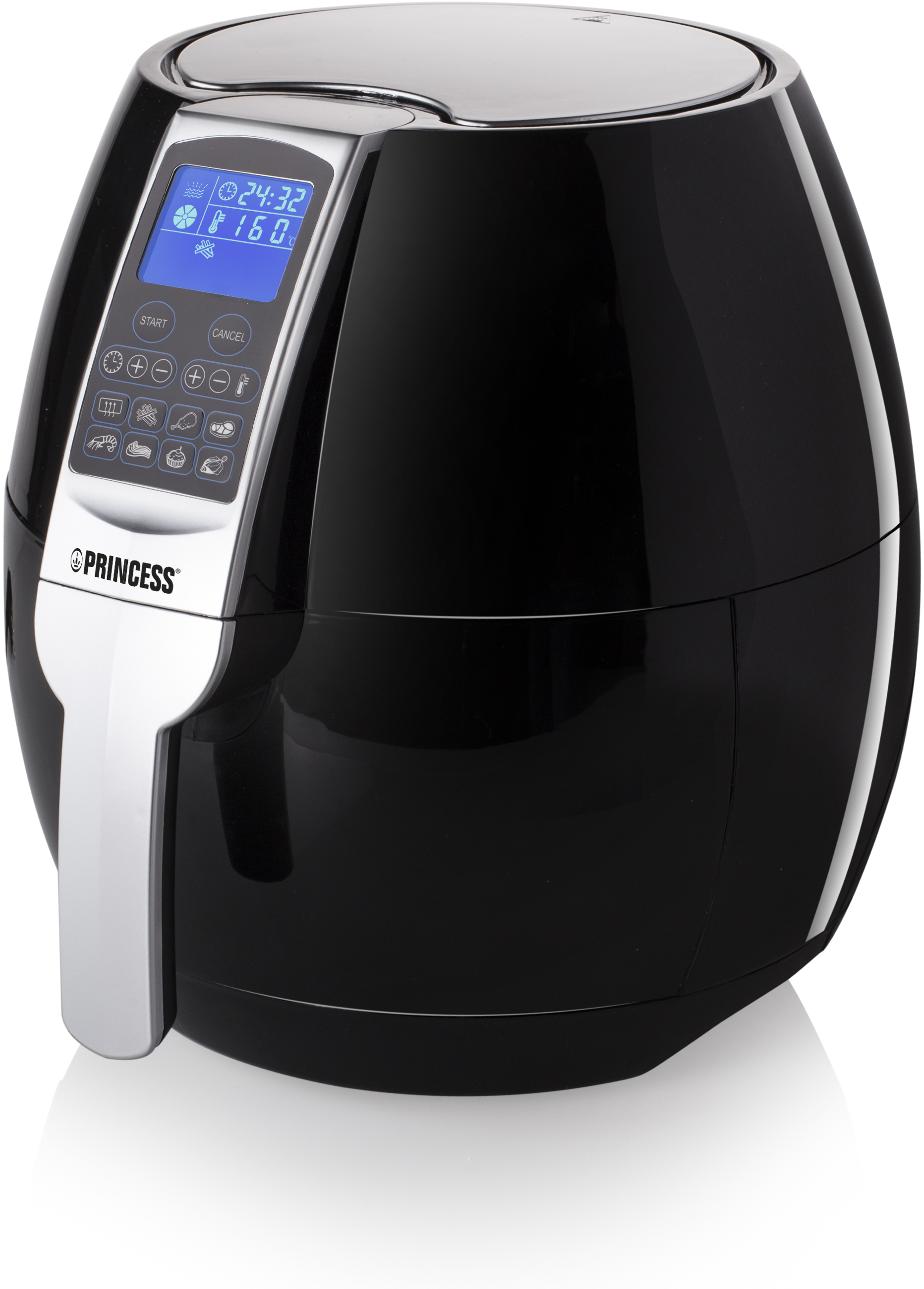 Schwarze Princess Heißluftfritteuse. Sie hat ein digitales Display und Bedienelemente. Der Körper ist oval.