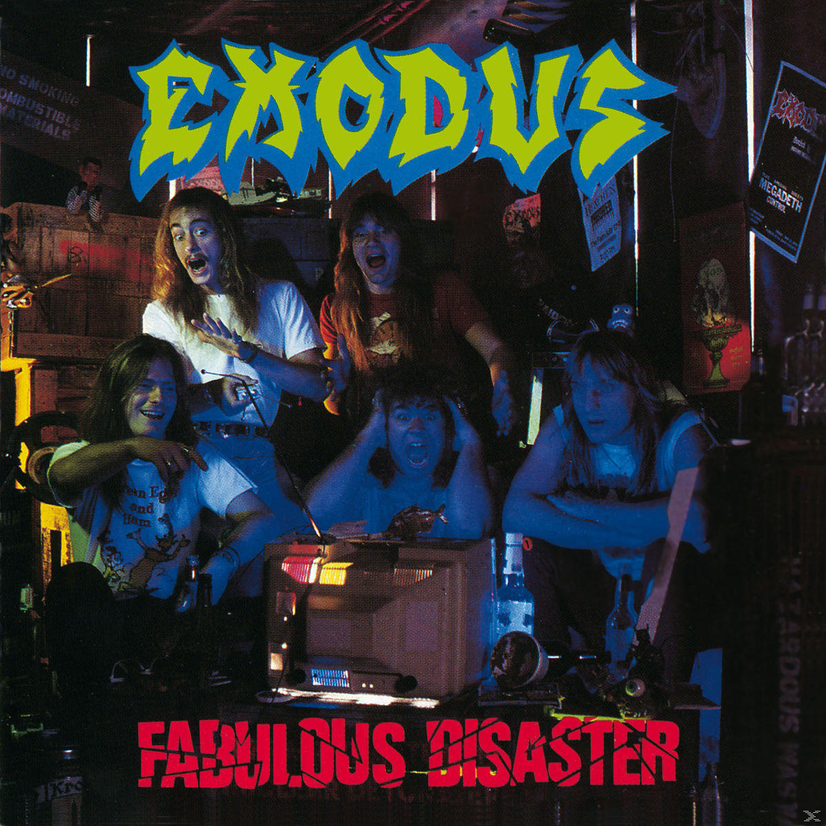 Albumcover: Exodus-Band, fünf Männer, Titel 'Fabulous Disaster', gelbe und rote Farben.