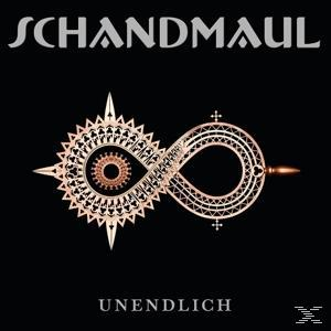 Albumcover 'Unendlich' von Schandmaul, goldenes Unendlichkeitszeichen auf schwarzem Hintergrund.