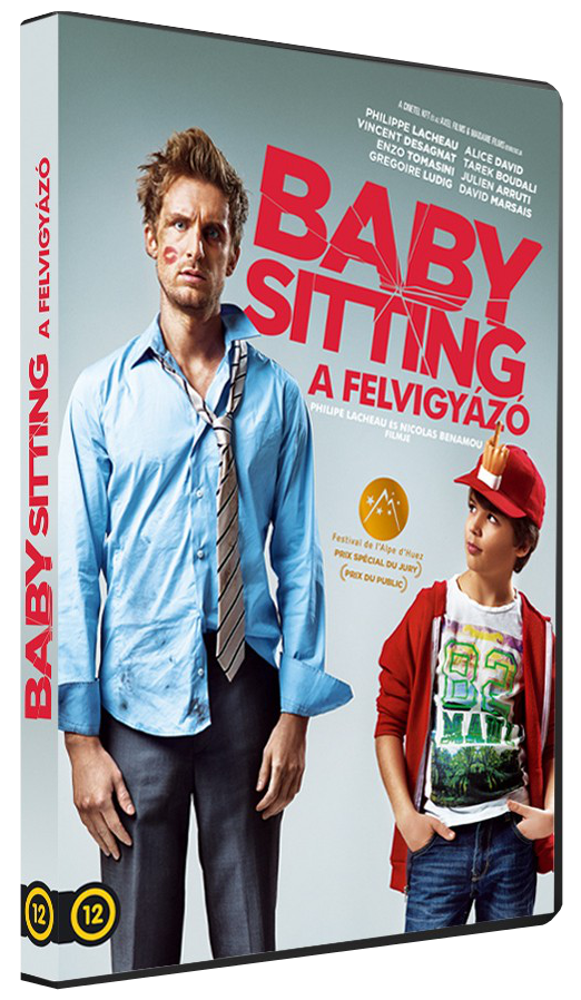 DVD borító: 'Baby Sitting', egy rúzzsal és rendetlen nyakkendővel rendelkező férfi, és egy piros sapkás fiú.