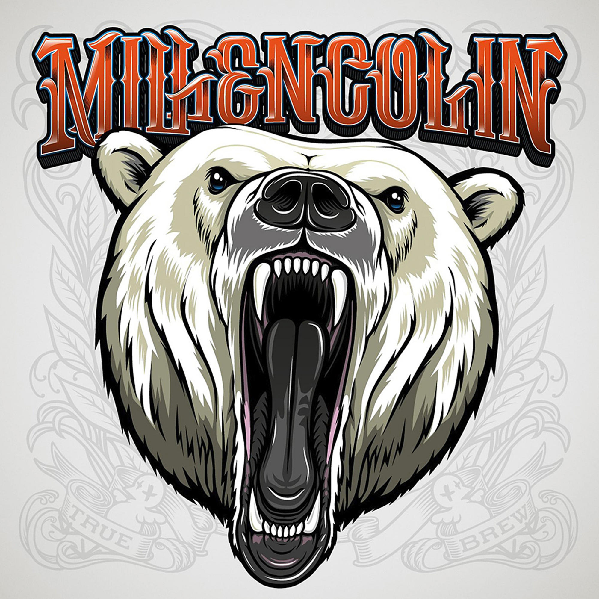 Nahaufnahme eines Eisbären mit offenem Maul, der Zähne zeigt. Darüber steht der Bandname Mil & Col in Orange.