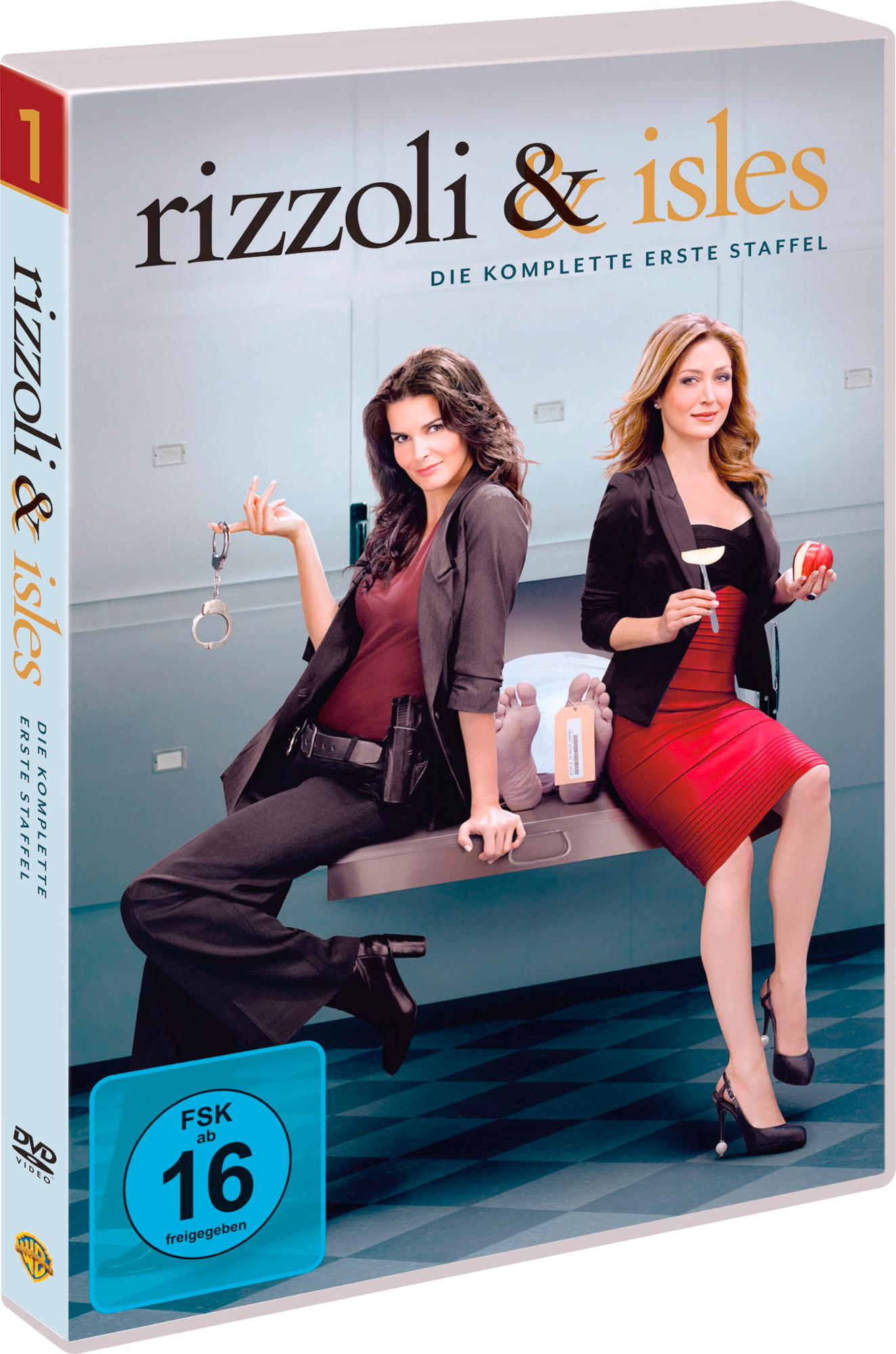DVD-Cover: Zwei Frauen in einem Raum, Text 'Rizzoli & Isles' und 'Die Komplette Erste Staffel'.