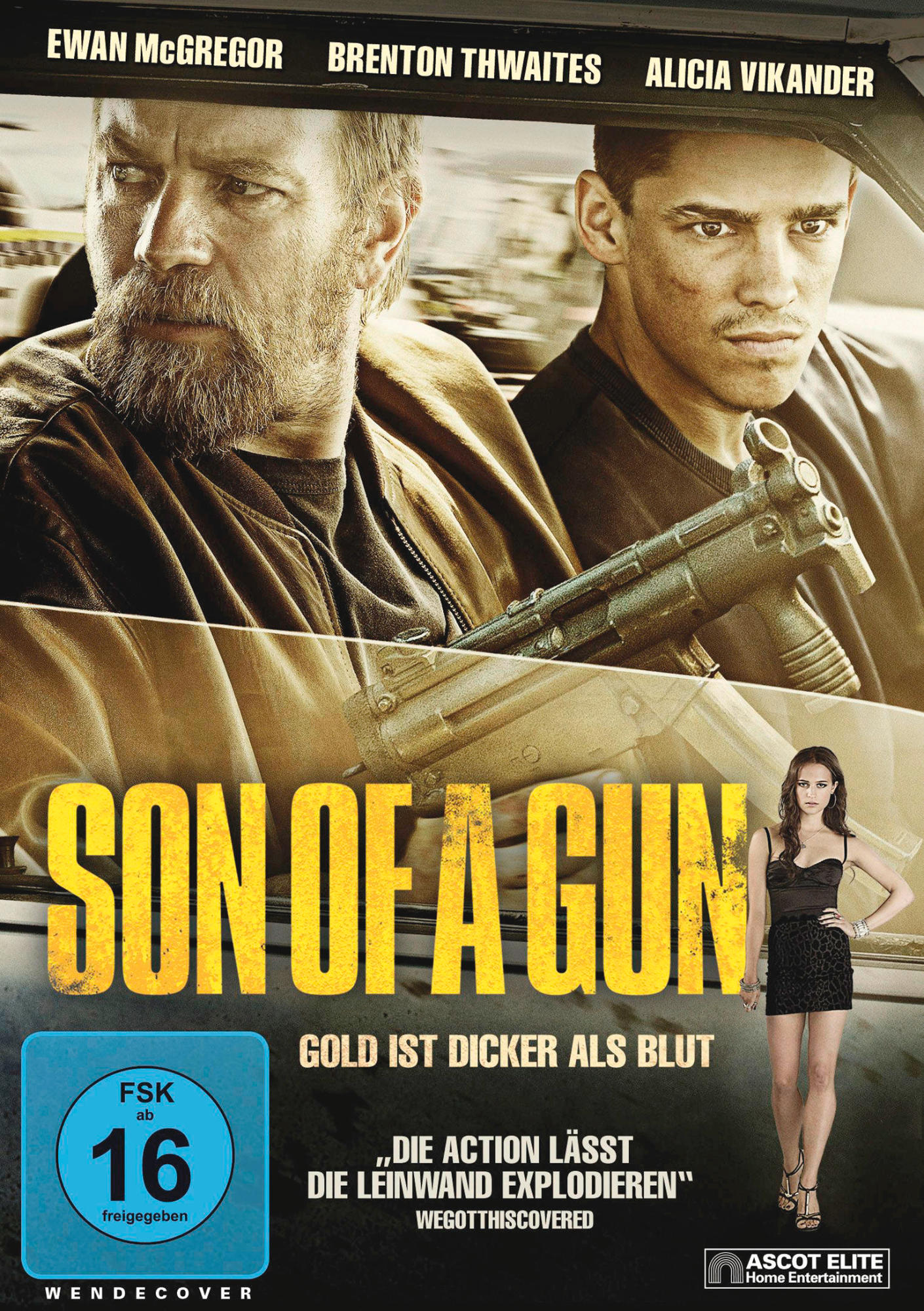 Filmcover 'Son of a Gun'. Zwei Männer und eine Frau, mit Text und Auto im Hintergrund.