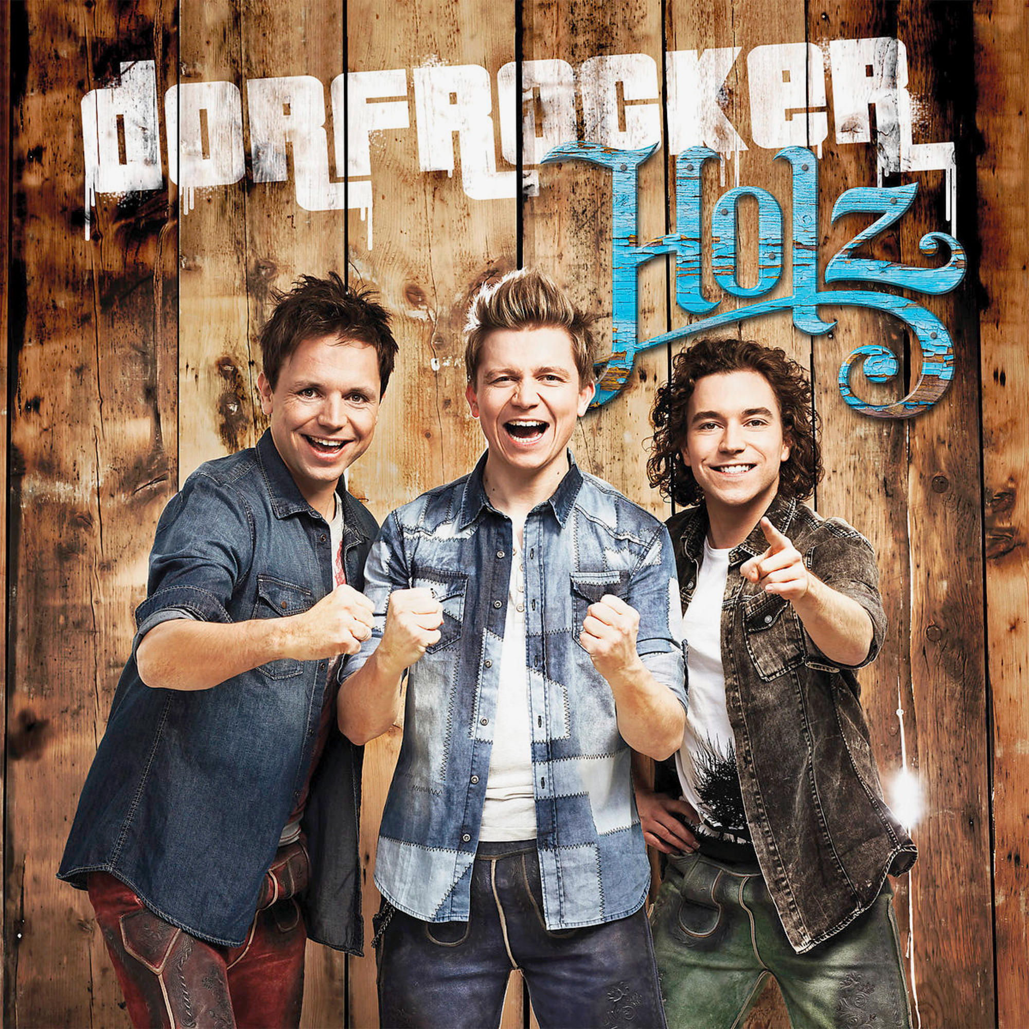 Albumcover für 'Holz' von Dorfrocker. Zeigt drei Männer in Jeanshemden, lächelnd.