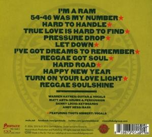 Album-Rückseite, Titelliste, grüner Hintergrund und Band-Credits.