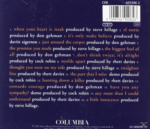 Die Rückseite einer CD-Hülle mit weißem Text, der Songtitel und Credits auf dunklem blauem Hintergrund auflistet.