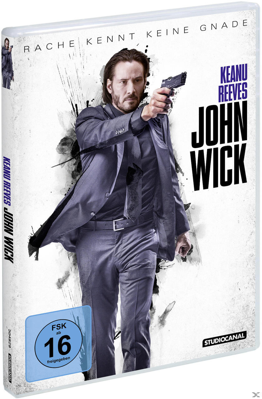 DVD-Cover für John Wick. Keanu Reeves hält eine Waffe. Der Hintergrund hat Farbspritzer.