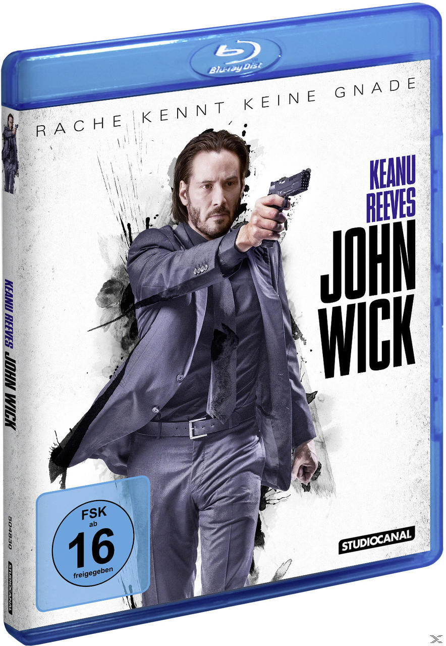 Blu-ray-Cover von John Wick. Keanu Reeves hält eine Waffe. Text: John Wick. Blaues und schwarzes Farbschema.
