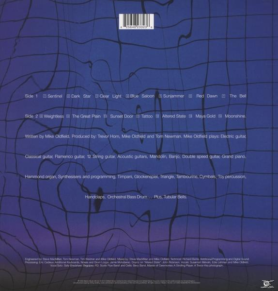 Rückseite eines Albumcovers mit blauem Hintergrund und weißem Rastermuster. Songtitel und Credits sind in weißem Text aufgeführt.