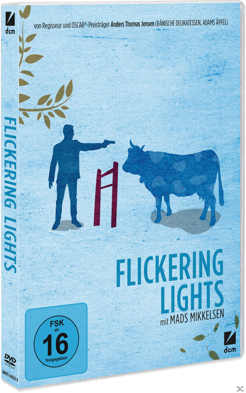 DVD-Cover von 'Flickering Lights', eine blaue Szene mit einem Mann, der eine Waffe auf eine Kuh richtet.