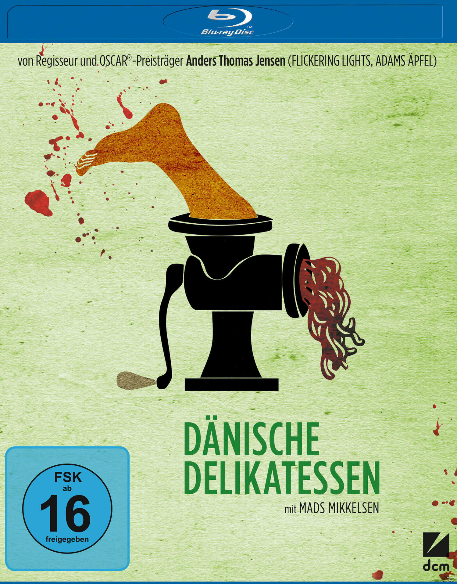 DVD-Cover: Ein Fuß wird zu Würstchen verarbeitet, mit Text in Grün und Blutspritzern.