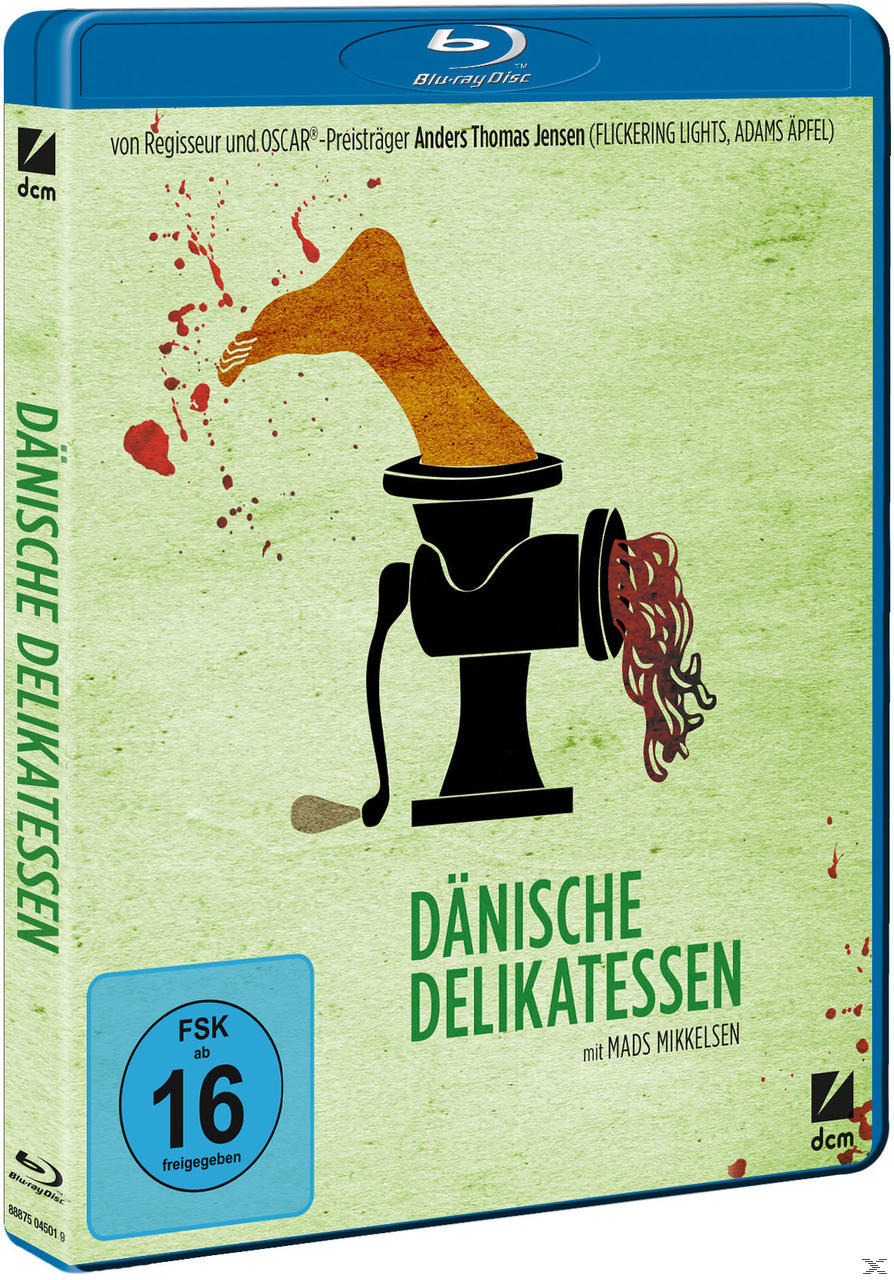 Blu-ray-Cover eines Films. Grüner Hintergrund mit Filmtitel und einer Grafik eines Fleischwolfs mit Fleisch.