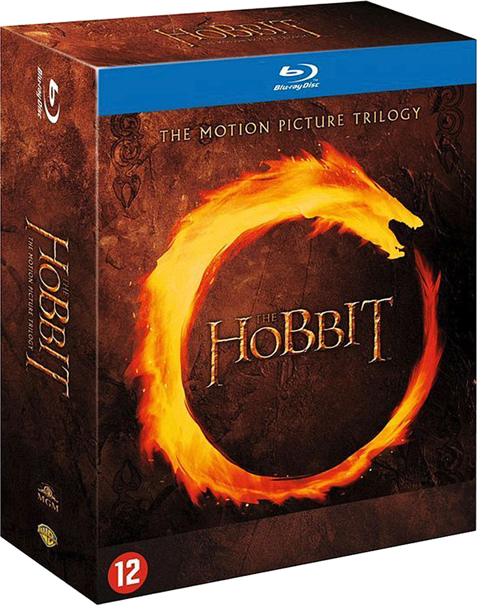 Coffret Blu-ray de la trilogie Le Hobbit avec illustration de feu et texte doré.