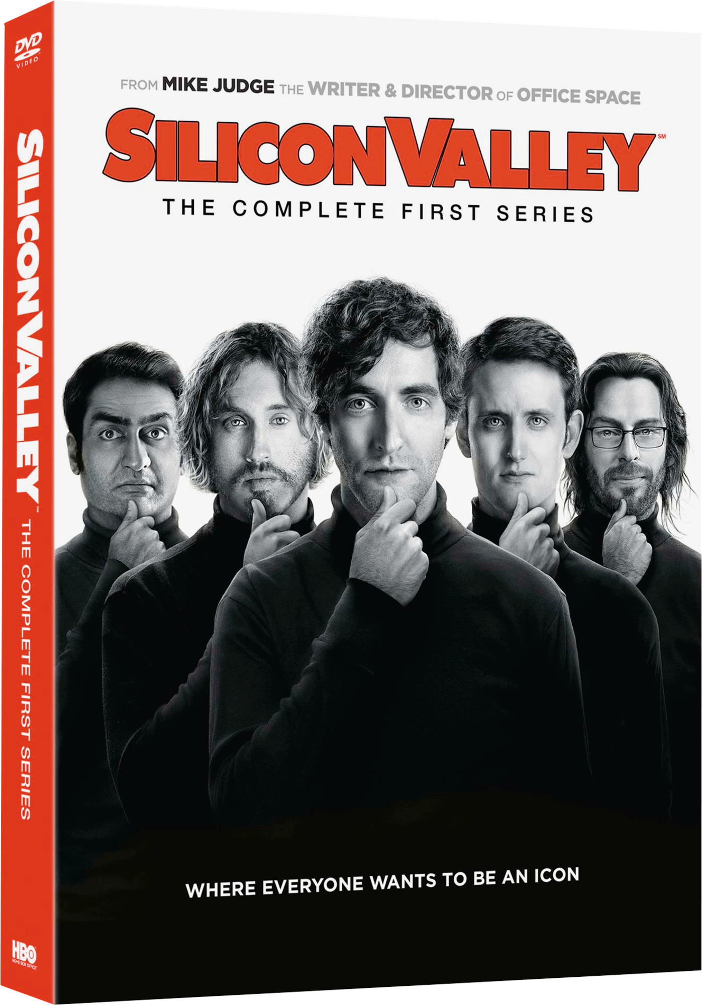 DVD cover of Silicon Valley. Five men in black turtlenecks. Title text is red and white.