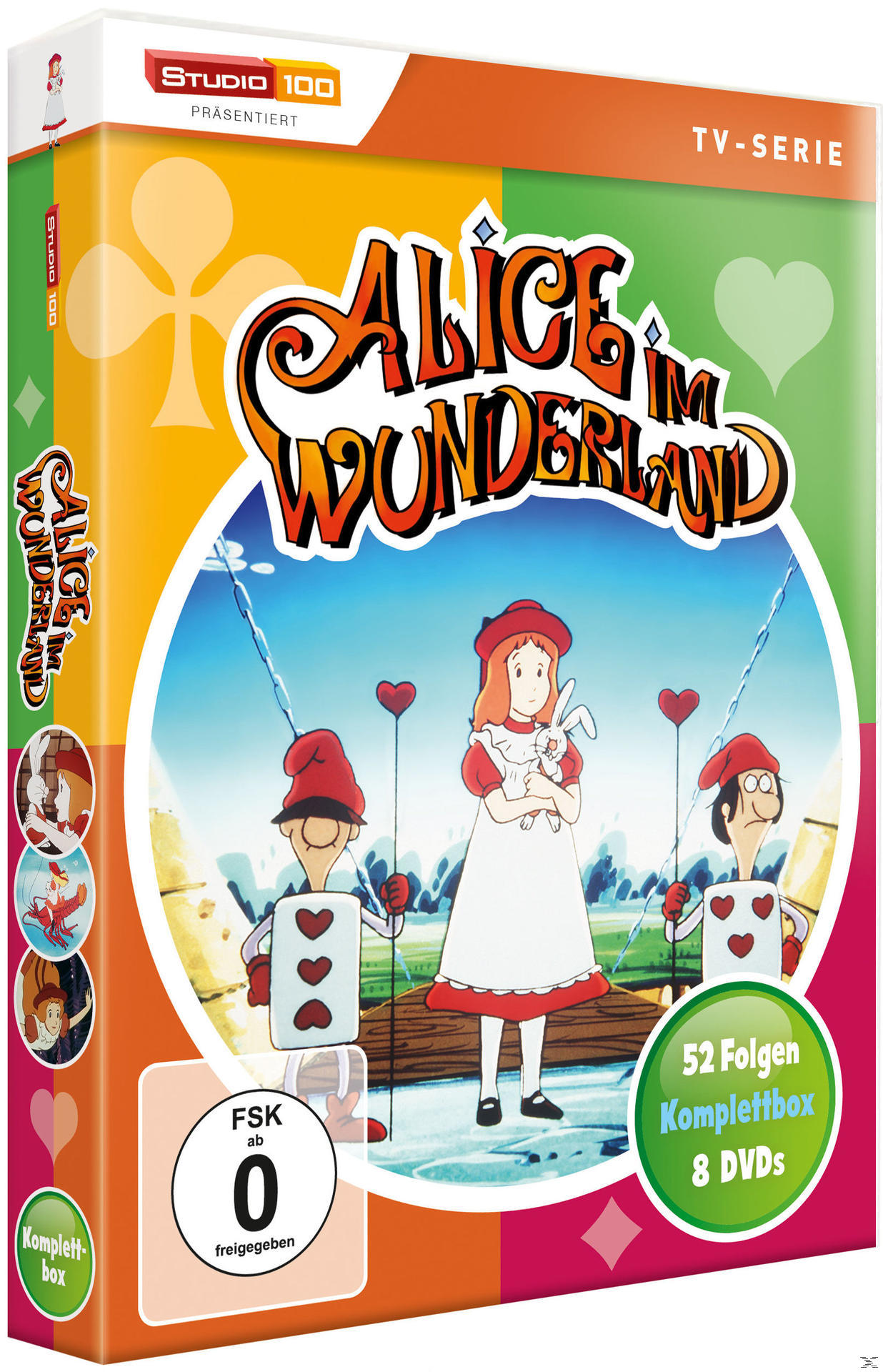 DVD-Cover von 'Alice im Wunderland'. Rothaariges Mädchen und weißes Kaninchen werden gezeigt, plus andere Charaktere.