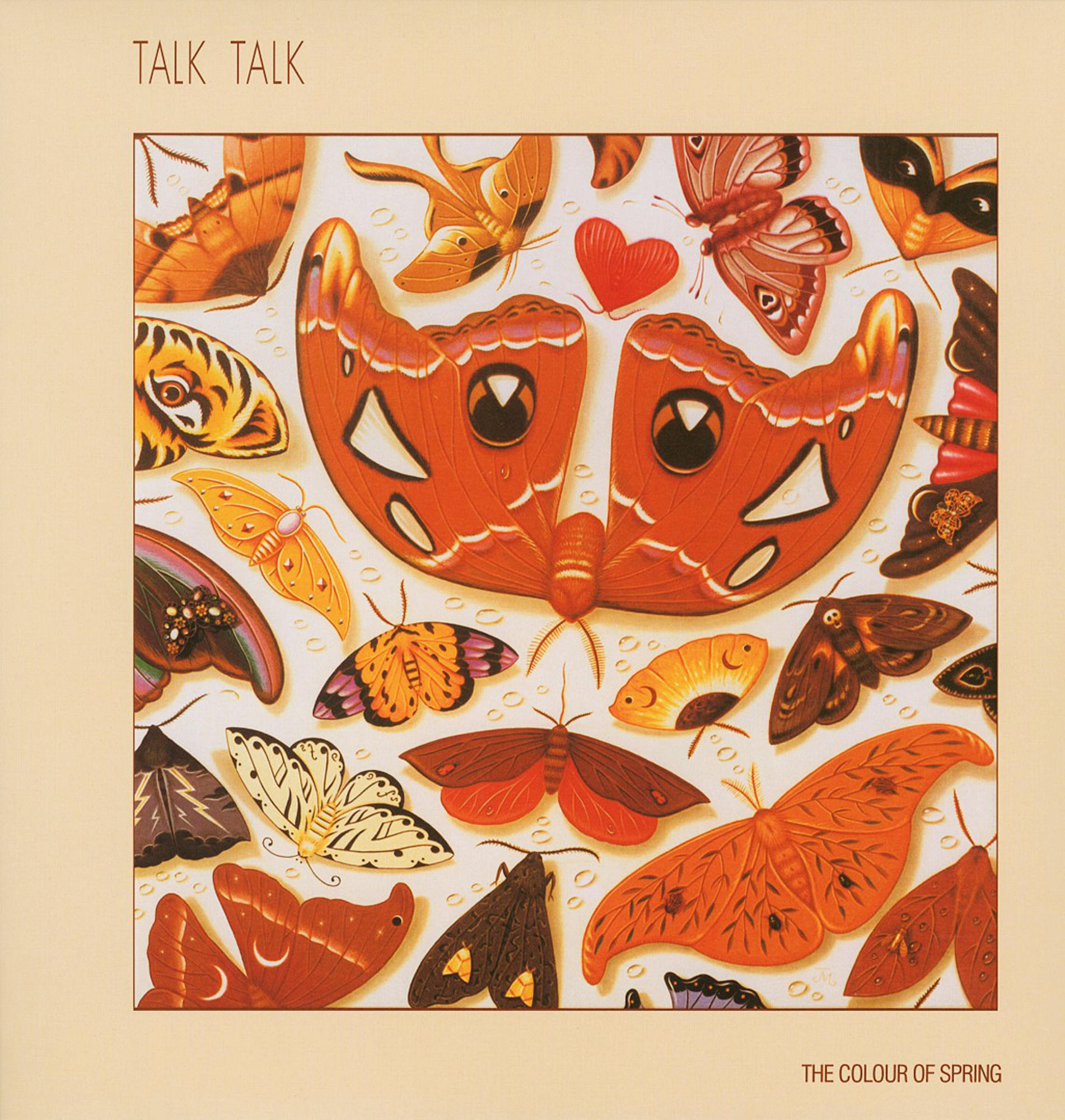 Albumcover: Verschiedene Motten auf cremefarbenem Hintergrund. Großer orangefarbener Falter dominiert. Der Titel lautet "TALK TALK".