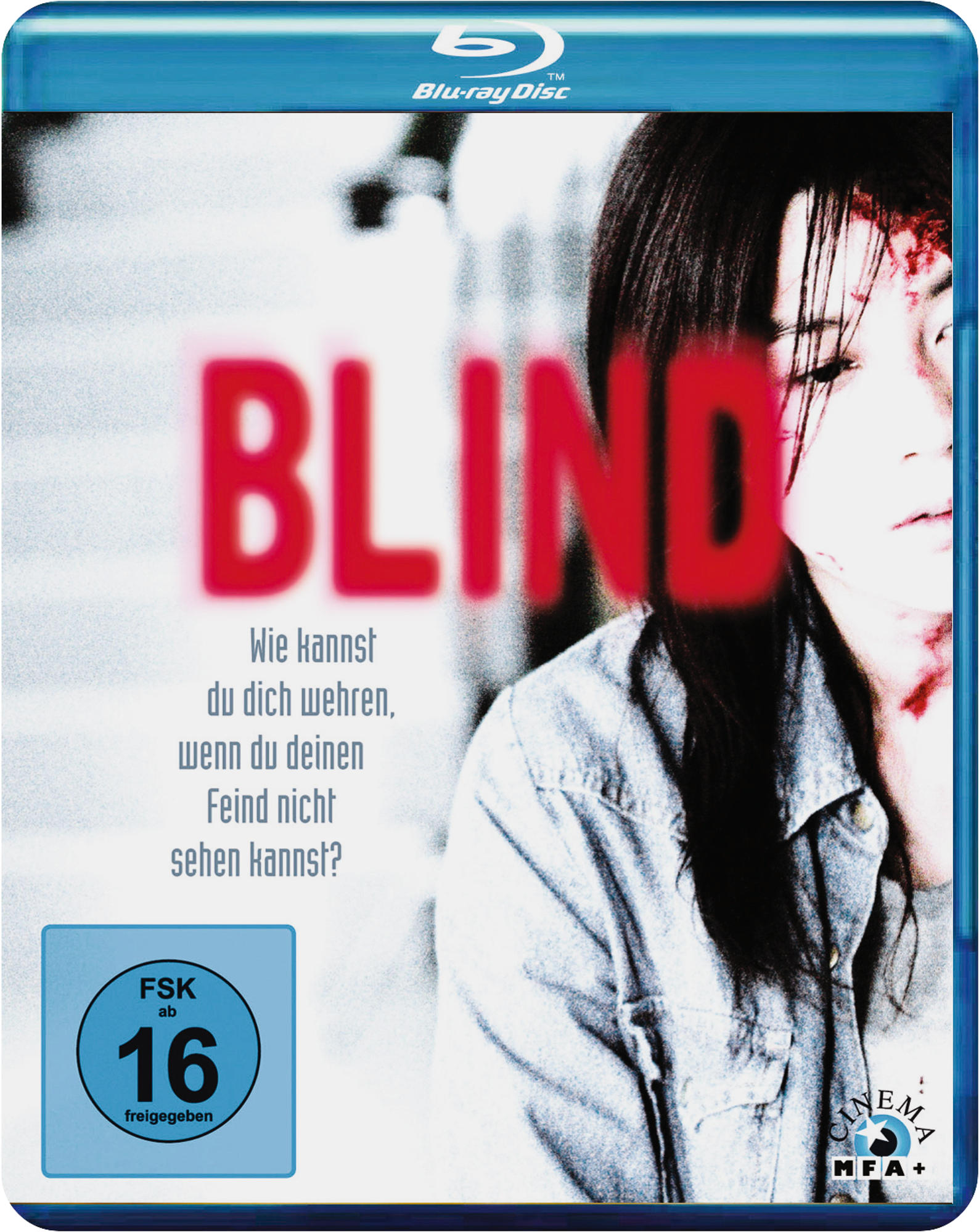 Blu-ray-Cover von 'Blind', eine Frau mit blutigem Gesicht wird gezeigt, mit dem Titel in Rot.