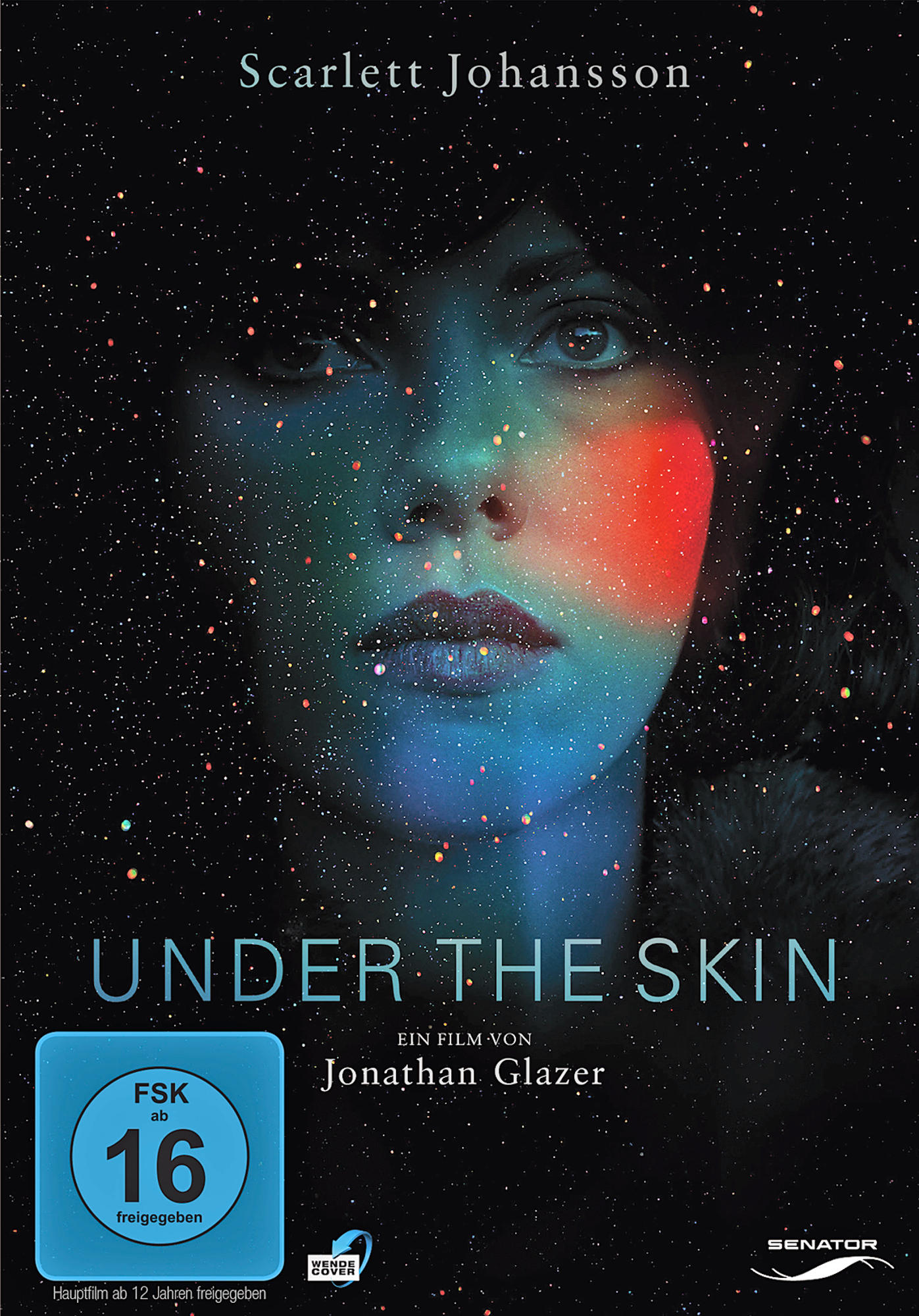 Filmposter mit Scarlett Johanssons Gesicht, das von farbigem Licht bedeckt ist. Dunkler Hintergrund.