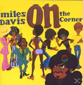 Albumcover mit Zeichentrickfiguren auf gelbem Hintergrund. Der Text 'Miles Davis' und 'on the Corner' sind zu sehen.