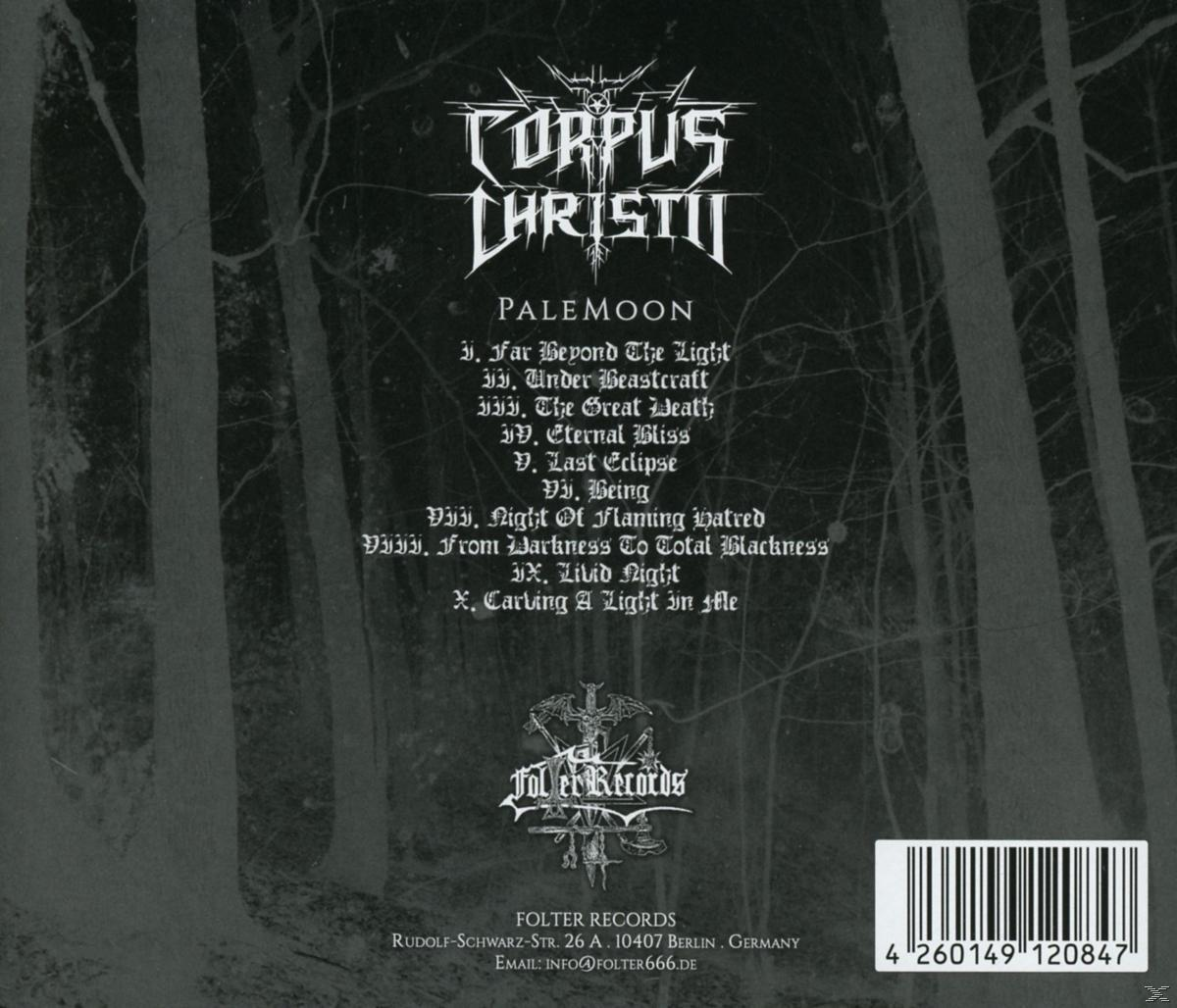 Rückseite einer CD mit dem Titel "Palemoon" von Corpus Christi. Es enthält Songtitel und ein Logo.