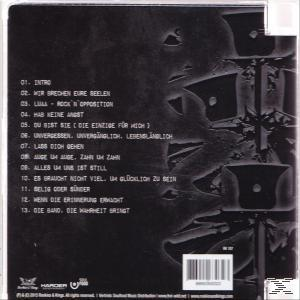 CD-Cover. Schwarzer Hintergrund mit Titelliste. Weißer Text, Harder, Rock N Opposition.