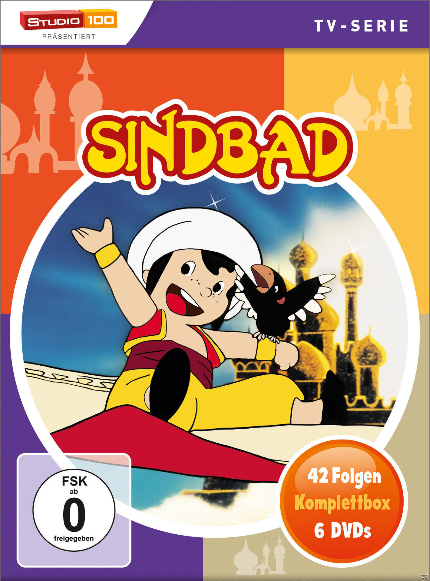 Animiertes DVD-Cover von Sindbad. Ein Cartoon-Junge und ein schwarzer Vogel.