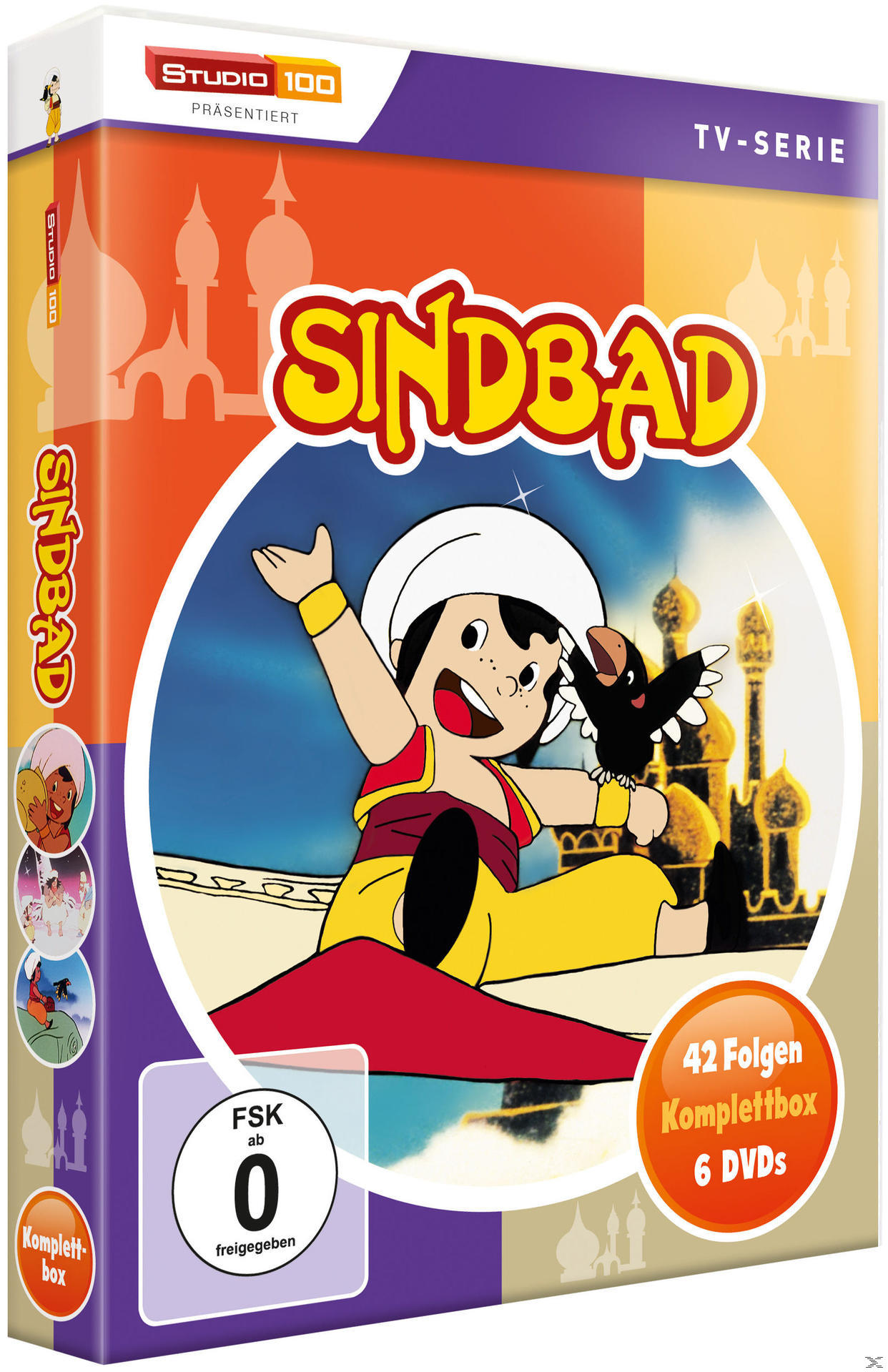 DVD-Box-Art mit Cartoon von Sindbad und einem schwarzen Vogel. Bunter Hintergrund.