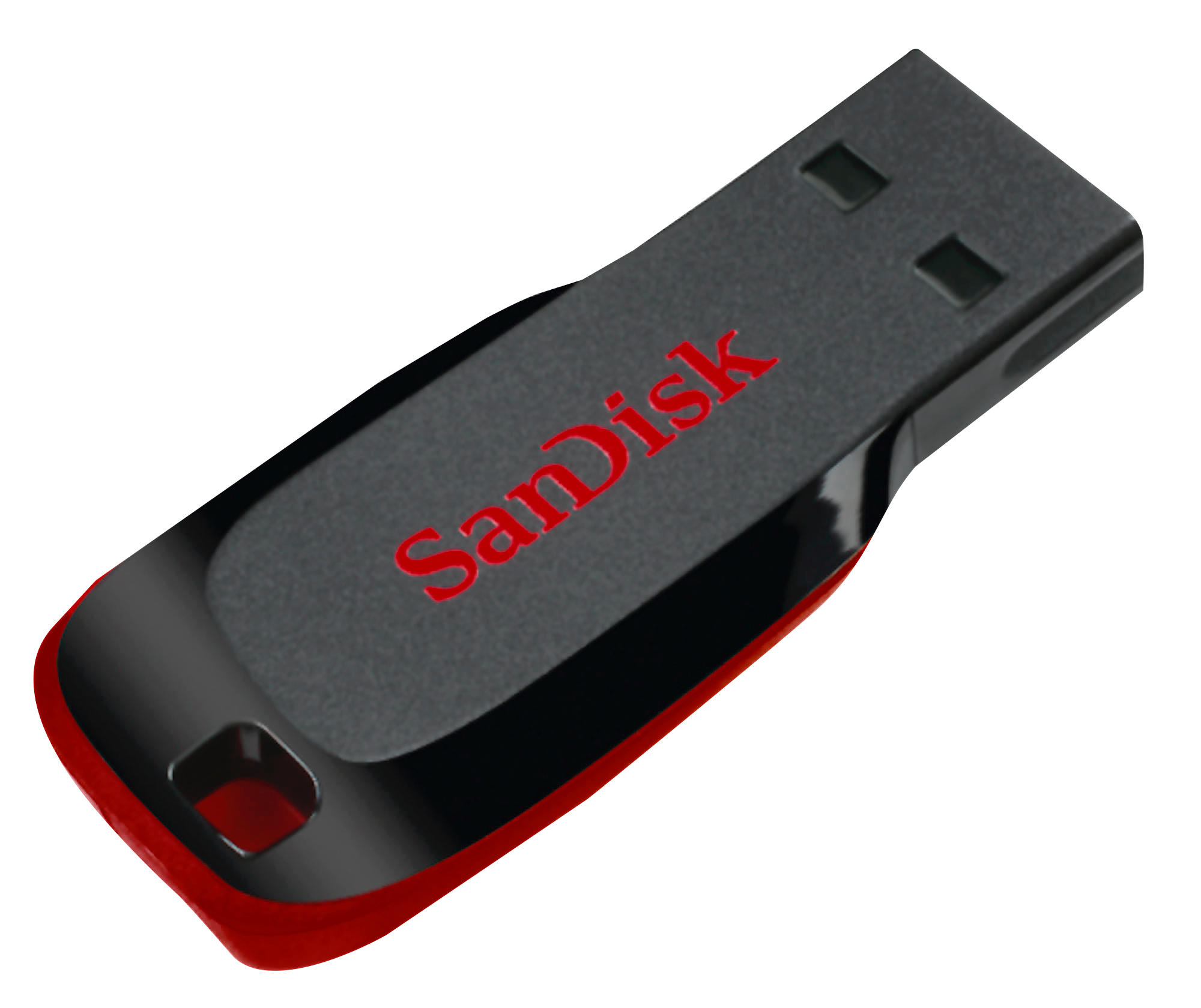 Ein schwarz-roter SanDisk USB-Stick, schräge Ansicht, mit dem SanDisk-Logo.