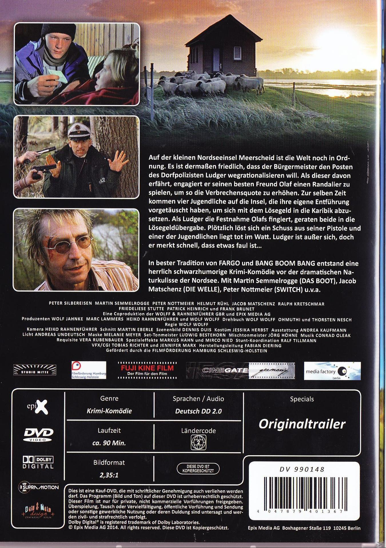 DVD-Cover: Schauspieler am Strand, ein Polizist und ein Mann. Text auf Deutsch.