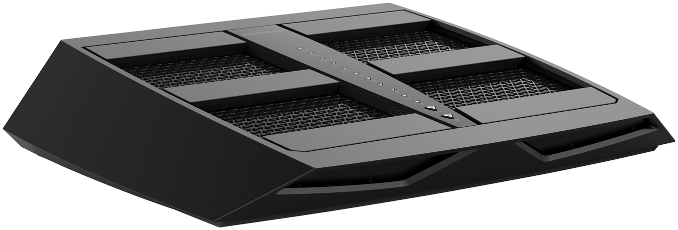 Ein schwarzer Netgear-Router. Er hat Lüftungsschlitze oben und an den Seiten sowie eine Reihe von Lichtern in der Mitte.