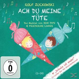 Albumcover: Zwei Cartoon-Tüten mit Gesichtern. Text: Ach Du Meine Tüte. Musical für Kinder.