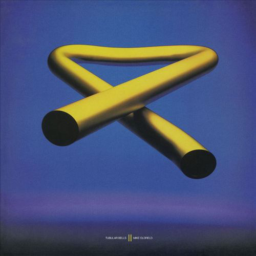 Mike Oldfield 'Tubular Bells' album borítója: Arany, keresztezett csőforma kék háttéren.