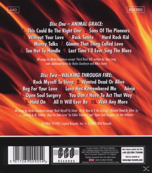 Album-Rückseite mit Trackliste für Disc One (Animal Grace) und Disc Two (Walking Through Fire).