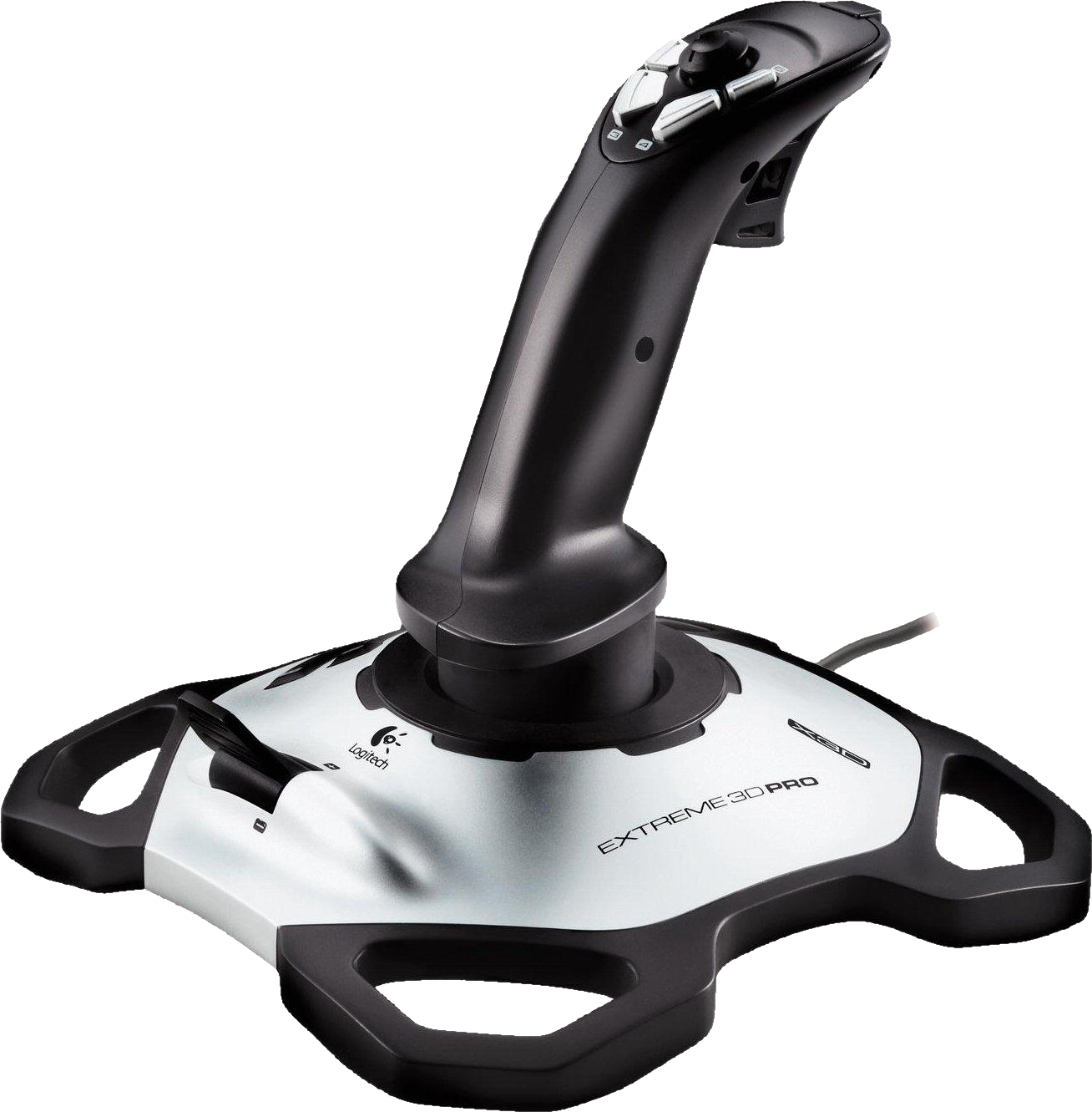 Fekete-ezüst joystick. Gombok vannak a tetején és egy talp.
