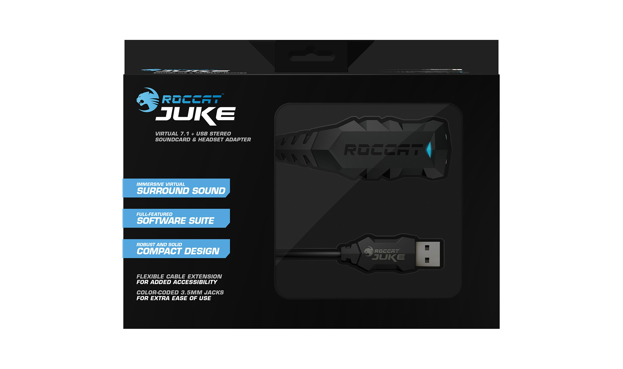 Schwarze ROCCAT JUKE Soundkarte und Headset-Adapter-Verpackung. Ein Kabel und der Adapter sind in der Box.