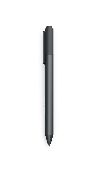Ein dunkelgrauer Eingabestift mit Knopf und Stiftclip, auf weißem Hintergrund. Der Stift ist vertikal.
