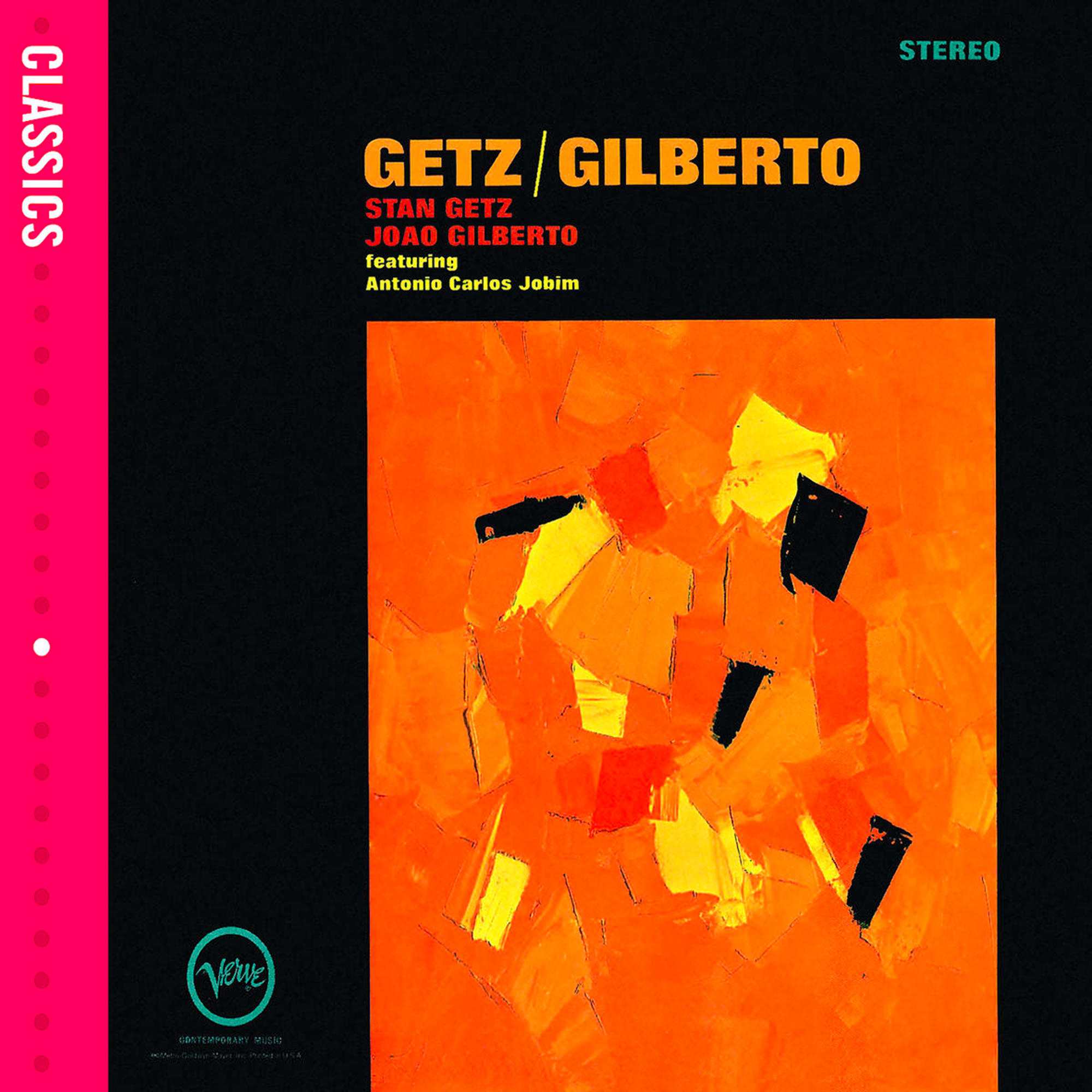 Albumcover für 'Getz/Gilberto' mit Stan Getz und Joao Gilberto. Das Cover ist ein farbenfrohes abstraktes Gemälde.