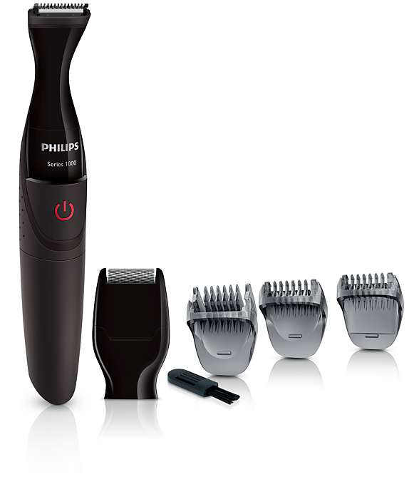 Philips Series 1000 Bodygroomer. Schwarzes Gerät mit Aufsätzen und roter Ein-/Aus-Taste.