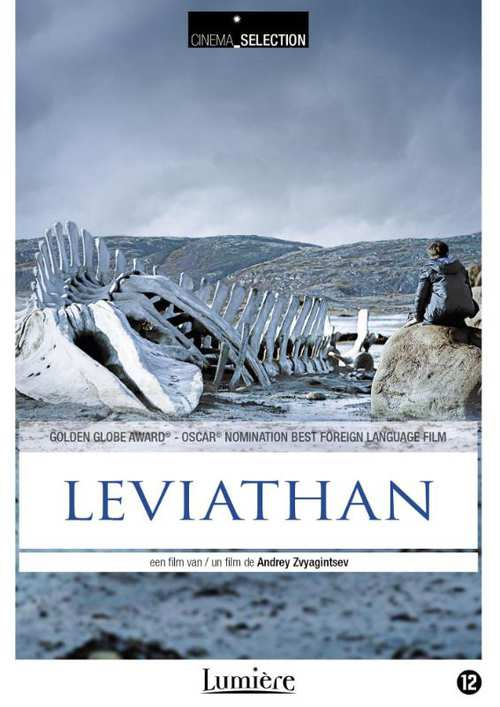 Affiche du film Léviathan. Squelette de baleine, personne sur un rocher, texte.