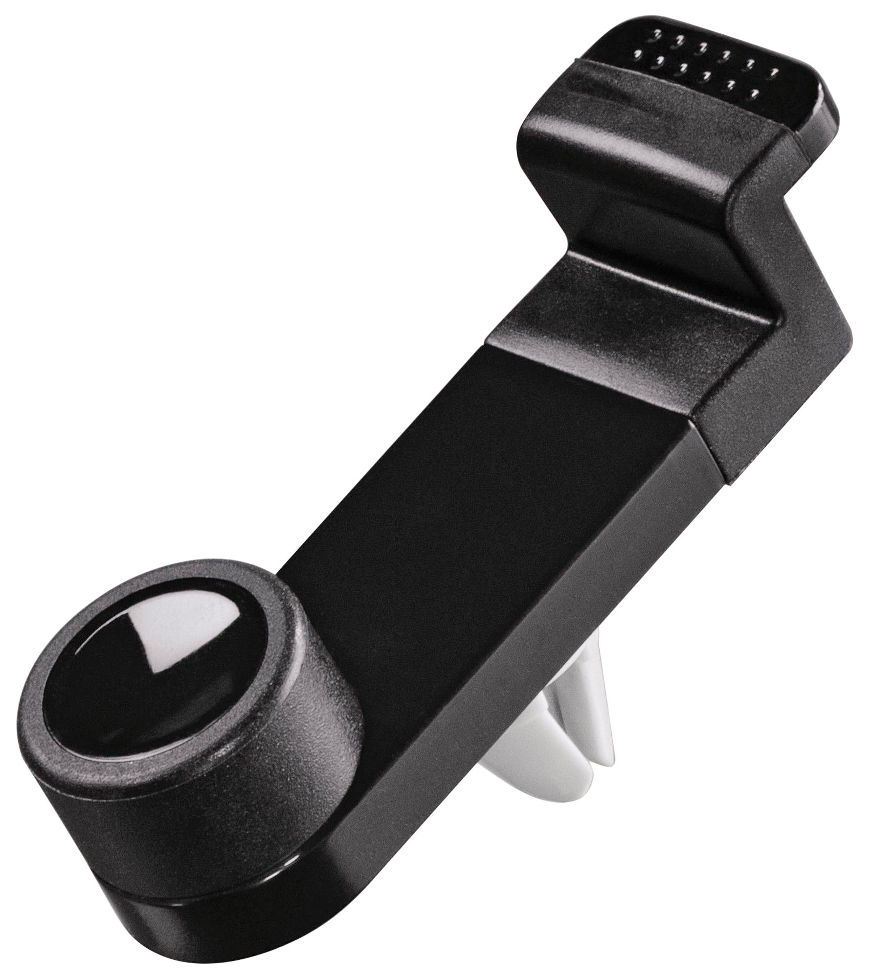Schwarzer Lüftungsclip mit kreisförmigem Merkmal und rechteckiger, geschlitzter Oberseite. Weiße Clips hinten.