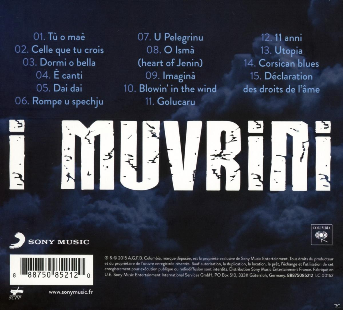 Rückseite einer CD mit Trackliste auf Französisch und dem Künstlernamen "i Muvrini" auf dunklem, bewölktem Hintergrund.