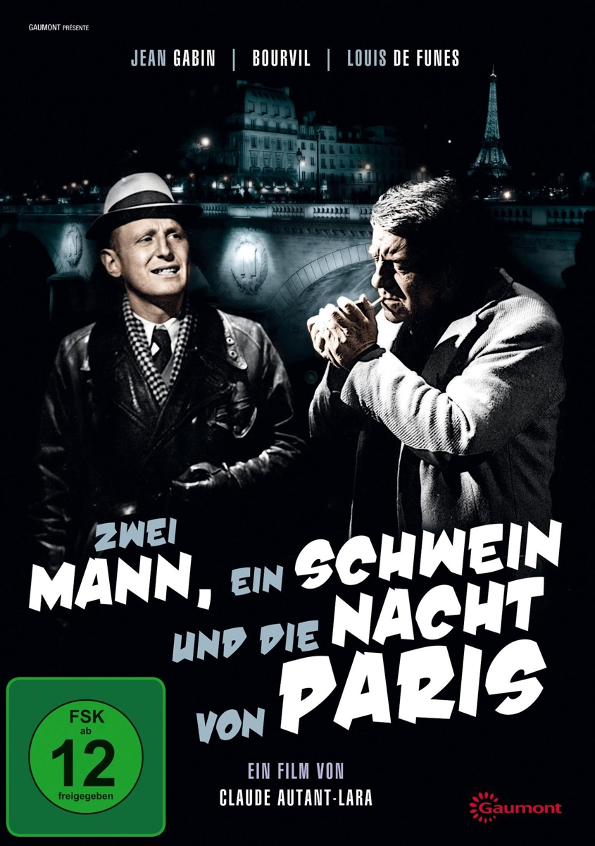 Zwei Männer, Ein Schwein, Und Die Nacht von Paris. Filmplakat in Schwarzweiß.