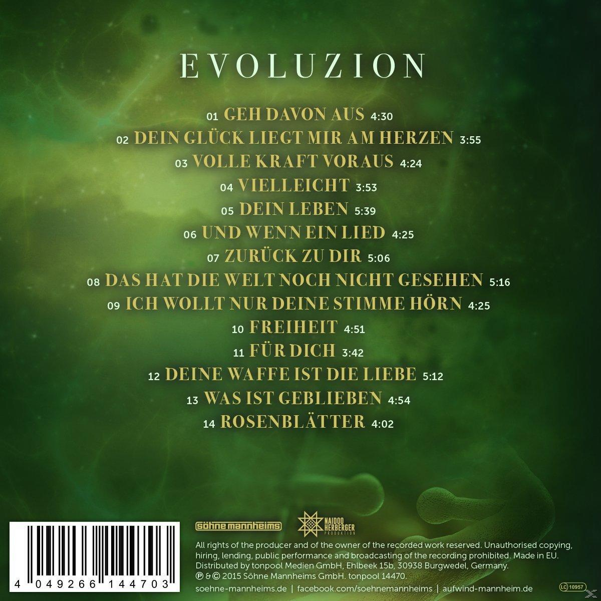 Albumcover mit Titelliste. Der Titel ist 'Evoluzion'. Der Hintergrund ist grün mit Text in Gold.